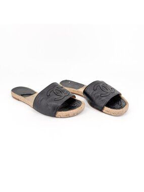 Chanel Black Leather CC Espadrille Slide Sandals Flats Size 38 US 7–7.5 Women's